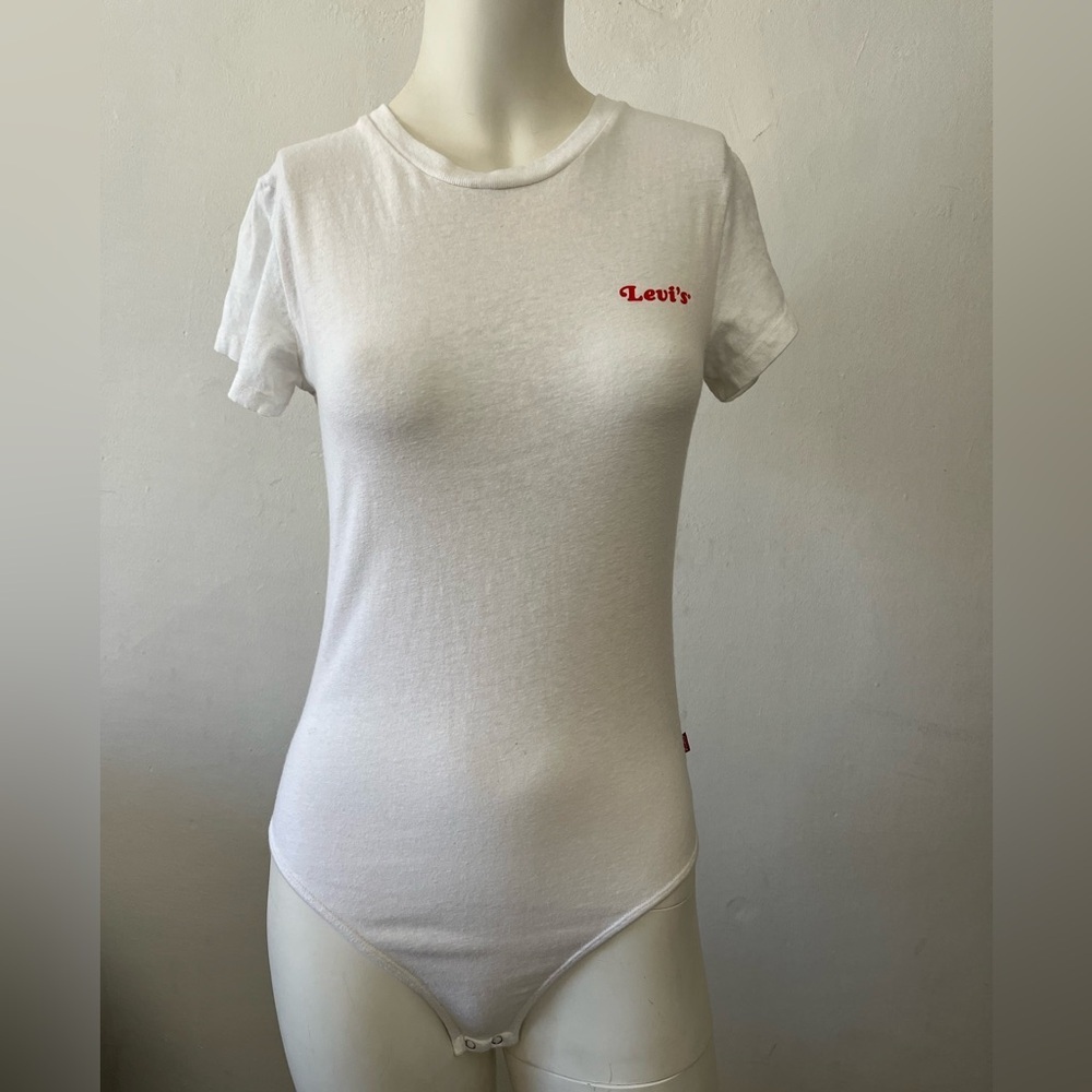 Levis White Cotton Crew Neck Fitted Bodysuit Spell Out Red 70s Retro Serif small